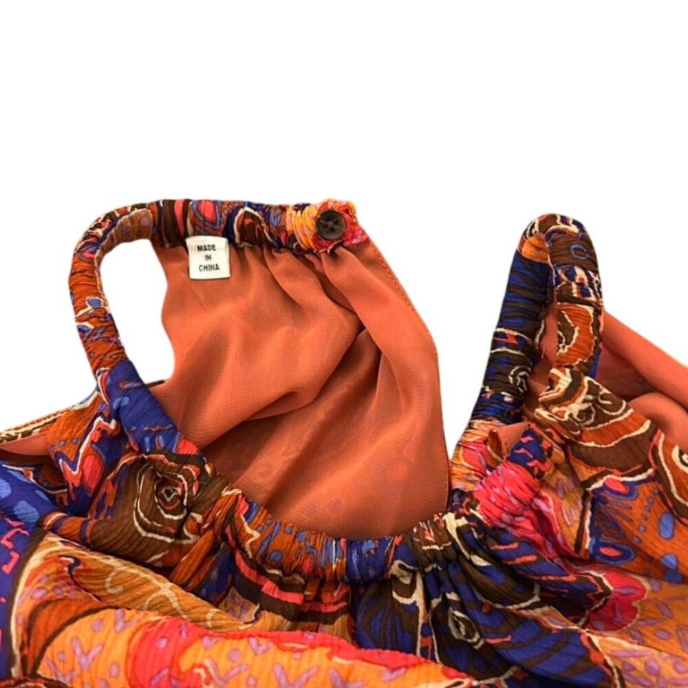 ALC Cory Dress 8 Terracotta Paisley Silk High Neck Smocked Waist Tiered Mini - Picture 14 of 15